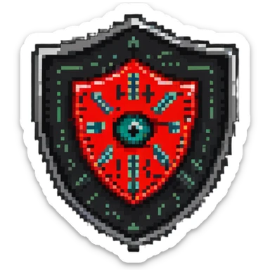 Shield badge with binary code pattern and a red warning eye symbol, cybersecurity expert sticker
