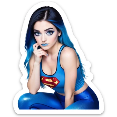 Shameful-big tears-head back texting on phone-very very large upper body-sexy face-bending forward at waist-very long very straight dark blue to light blue ombre hair-and-blue eyes-thick black eyeliner-thick long eyelashes-iridescent blue lowcut tanktop with black leggings with glitter superman logo sticker