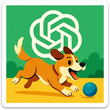 chat gpt image logo on the background of a dog chasing ball sticker