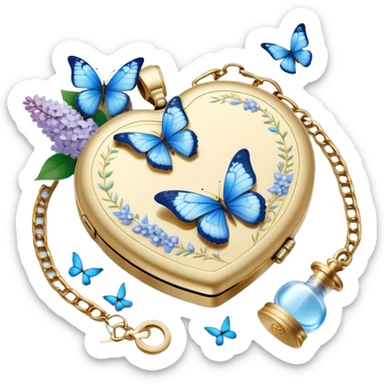 A golden locket, resting beside an ivory envelope sealed with a pearl wax stamp, is surrounded by delicate blue butterflies and cascading white lilacs. A vintage perfume bottle with intricate floral engravings sits nearby, its fragrance lingering in the air. sticker
