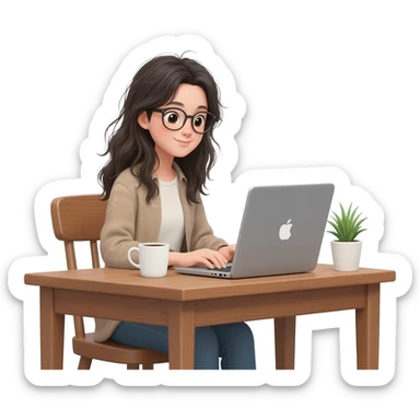 asian girl with messy long  hair and glasses working from home  on PC sticker