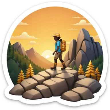 A 3D cartoon hiker silhouette standing on a rocky path at sunset, warm golden light, Memoji-style rendering. inside photo frame. sticker