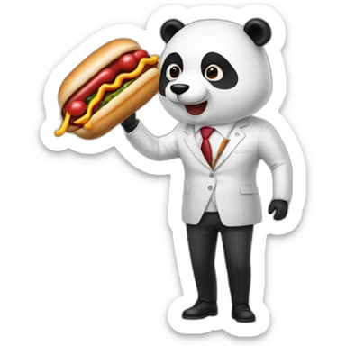 A professor with white suit and red tie and a panda face eating a hotdog and holding a black suitcase sticker