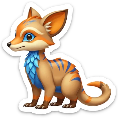 Colorful brown with blue and orange tropical exotic shiny beautiful fantasy-Vernid-Cacomistle-Oncilla-animal-Fakémon-hybrid-fursona (full body) sticker