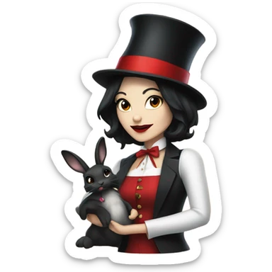 female Magician , black hair, red lipstick, pulling rabbit out of hat sticker