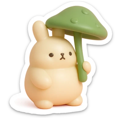 chubby bunny holding a mushroom umbrella, pastel beige and moss green, vinyl figure style sticker