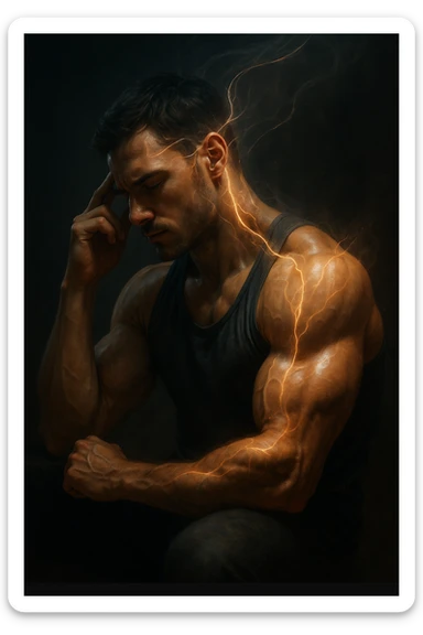 realistic cinematic style, man developing muscles while dreaming of training, visual effects linking mental visualization to physical growth, 2:3 aspect ratio sticker