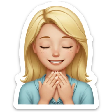 Happy blonde girl with eyes closed and mouth smiling and hands cupped around her neck sticker