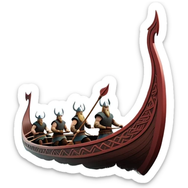 detailed-cinematic-viking-longboat, rendered in a flat, bold vector style with minimal shading, featuring a striking dragon-headed prow slicing through waters. shields on the side and vikings rowing The longboat’s, the boat has carved motifs evoke a sense of epic adventure and Nordic might, with billowing sails catching a dramatic, stormy sky backdrop. sticker