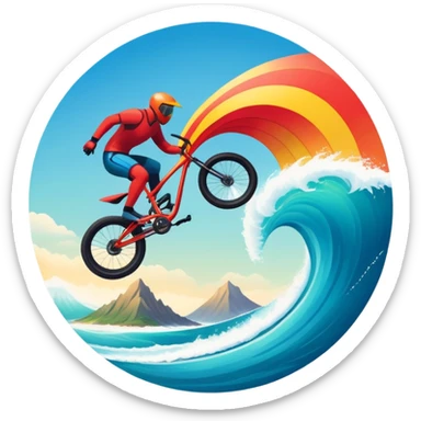 A bold, dynamic emblem combining elements of extreme sports like a mountain, a bike, surfing, ocean and a parachute, all within a circular or shield-like shape. The design conveys speed, adventure, with sharp lines and vibrant colors representing the thrill and intensity of extreme sports. sticker