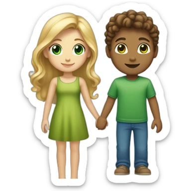 “blonde girl with tan skin and blue eyes” holding hands with “tan boy with long curly brown hair and green eyes” sticker