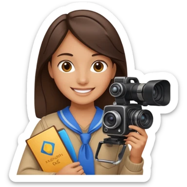A brunette girl smiling, she’s a proud and successful filmmaker 🍿🌍✨ she’s next to a camera, / holding awards  sticker
