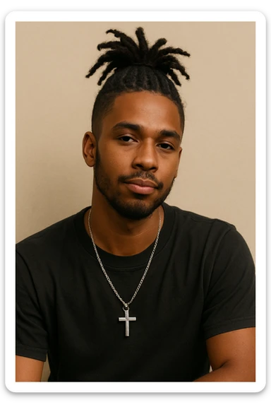 portrait of a brown-skinned person with a cross chain and dreadlocks tied up in a ponytail on top, relaxed pose, minimal background sticker