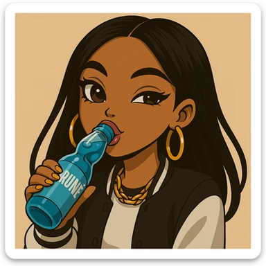 Change her pose to drinking blue Ramune soda from the classic glass bottle, headshot only, 20-year-old anime Bratz style woman with dark skin, straight hair, trendy outfit, big expressive eyes, glossy lips, no hat, no tears, happy expression, both eyes open, looking straight ahead. sticker
