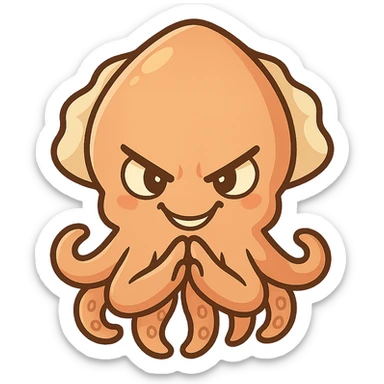 cartoon cuttlefish plotting with tentacles together, evil grin sticker