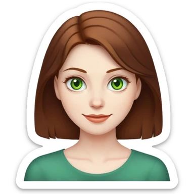 A woman with brown hair and green eyes and pale skin smirking like a “teehee” mischievous face sticker