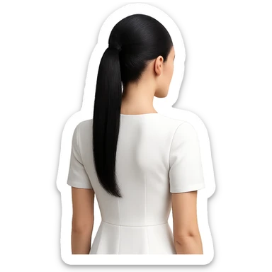 black sleek ponytail, no head, white dress with short sleeves, modern and minimalistic sticker