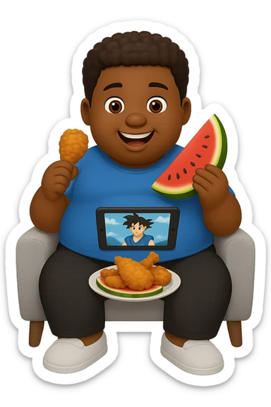 A big fat black boy eating chicken and watermelon all day and watching anime, whole body, style: Emoji sticker