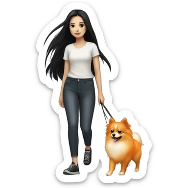 pale girl with long black hair walking with orange pomeranian sticker