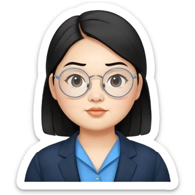 chubby asian woman round eyebrow  medium black hair wear thin siver circle glasses wear black suit with blue shirts sticker