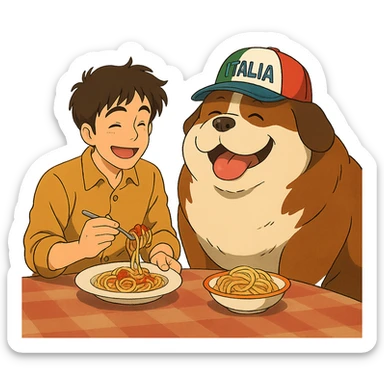ghibli style guy in Italy eating pasta with a huge, happy, fat whale of a dog wearing an Italy hat sticker