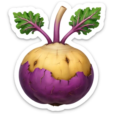 whole rutabaga root, rounded bulbous shape, rough textured skin, mottled purple beige yellow tones, trimmed stem remnants, faint root hairs, fresh earthy, soft lighting, subtle shadows, emoji scale, transparent background sticker