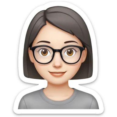 Girl, pale skin, glasses, brown eyes, dark hair, very short hair, straight hair, smile, gray shirt sticker