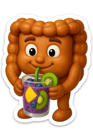 EMOJI STILE IPHONE DI un intestino umano anatomico che beve un frullato di mirtilli, ananas, kiwi, fagli anche la parte bianca degli occhi, non solo le pupille, REALISTICo 4K sticker