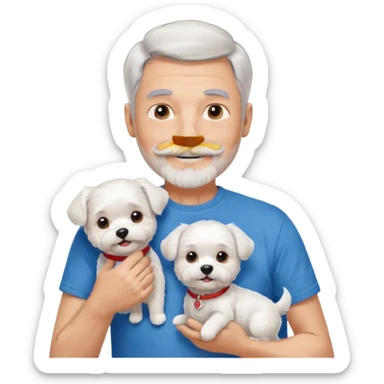 handsome gentleman, 60 years old, short silver hair, beard and moustache, wearing a blue t-shirt, smiling and holding a maltese dog sticker
