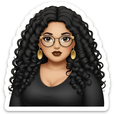 big plus size, latina, darker tan skin, long black curly hair, baddie,pretty, makeup, lipgloss, black eyeliner, long hair, small gold earrings, black top, black glasses sticker