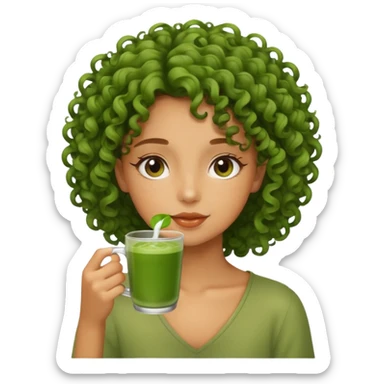curly haired girl drinking matcha sticker