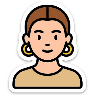 minimalist icon of a clean girl with slicked-back hair, gold hoop earrings, natural makeup, neutral background sticker