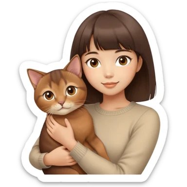 Cute East Asian girl, fair skin, big brown eyes, straight bangs, inward brown bob. Holding a fluffy Abyssinian cat in arms, gentle smile, sticker
