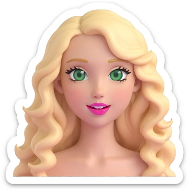emoji of a girl with green eyes, long blonde wavy hair, long eyelashes, pink lips, winking sticker