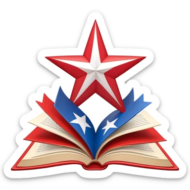 Scenic design book with Puerto Rican flag colors and pattern flowing through its pages, theater stage elements and flag's star incorporated into book design sticker