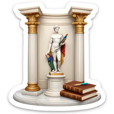 An icon featuring a paint palette, a sculpture, and a book, symbolizing the study of culture and art. The design includes a classical column and a canvas, representing art history and cultural exploration. Transparent background highlights the connection between creativity and history. sticker