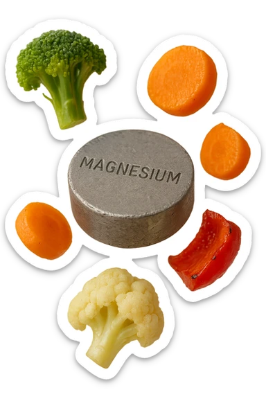 BOCCETTA DI MAGNESIO E VERDURE COTTE FLUTTUANO IN ARIA, IPERREALISTICA 4K sticker