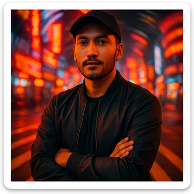 Create an urban cinematic portrait of a Southeast Asian man in his early 30s with sawo matang skin, standing in a crosswalk at night with a neon city background and spiral motion blur. The man has a relaxed posture, black cap, bomber jacket, fashion editorial style, warm and saturated colors, and soft light on face. Use the reference image for facial structure. sticker