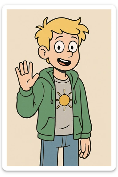 A boy yellow hair grey t-shirt yellow sun green hoodie lights blue jeans a hand hello  sticker