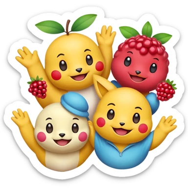 Three Pokémon characters showing kindness and teamwork. One Pokémon is handing a berry to another, while the third Pokémon is cheering and clapping happily. They look joyful and friendly, standing close together in a bright, colorful cartoon scene. The style is cute, playful, and emoji-like. sticker