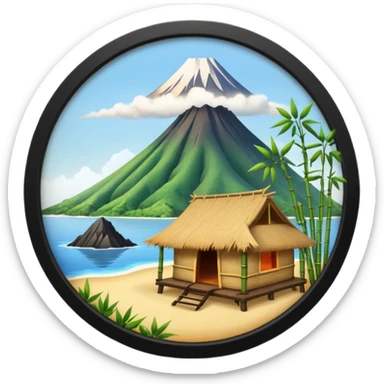bamboo hut with volcano in the back in Volcano Island  sticker