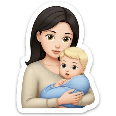 Mom with dark hair holding blonde baby boy sticker