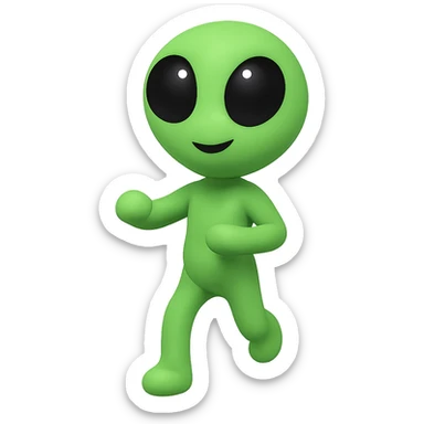 Create a neon green alien dancing, almost identical to the reference image, with minimal changes in the positions of arms and legs, looking straight ahead. This is frame 15 of the animation. PNG with transparent background. sticker