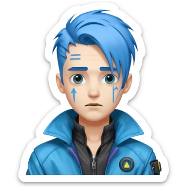 Cyberpunk man, blue hair, silly expression sticker