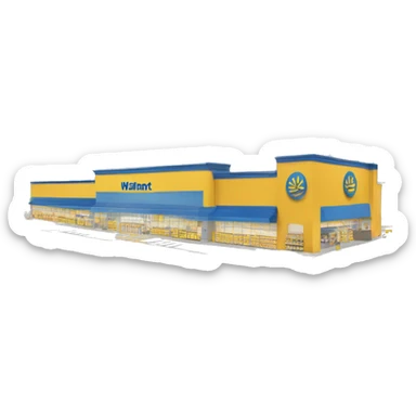 “Walmart store with a simple, recognizable design, featuring the iconic sunburst logo, blue and yellow color scheme, and storefront details that convey a large retail environment.” sticker