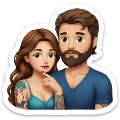 woman with long wavy brown hair tattoos and bearded man, she holds his chin, close flirty stare, moonlight glow sticker