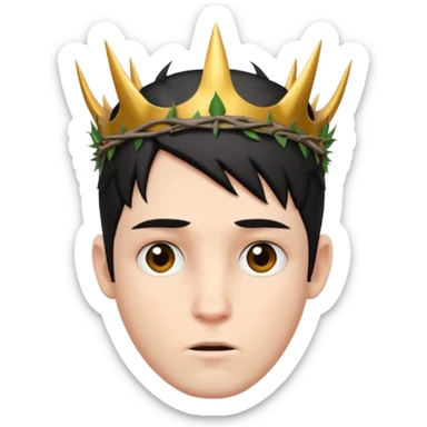 White boy with black short straight hair, has a horns on his forehead and wearing a crown of thorns sticker