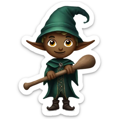 Elf dark sorcerer with a crescent moon hat, holding a bat, Halloween theme, emoji sticker