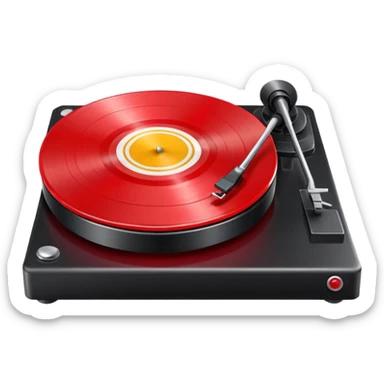 Generate a high-quality 3D cartoon-style emoji of a red LP record placed inside a black LP turntable, realistic shading, smooth gradient colors, rounded and cute appearance, simple white background, high-resolution.
 sticker