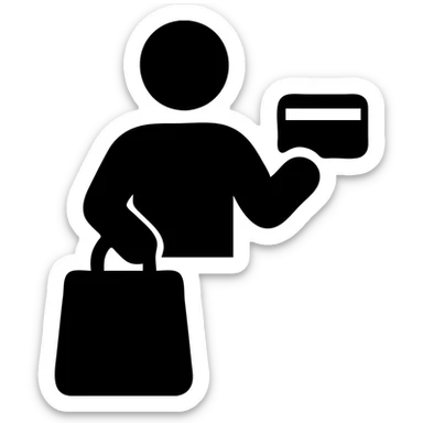 a person carrying a shopping bag and showing a credit card, flat icon sticker